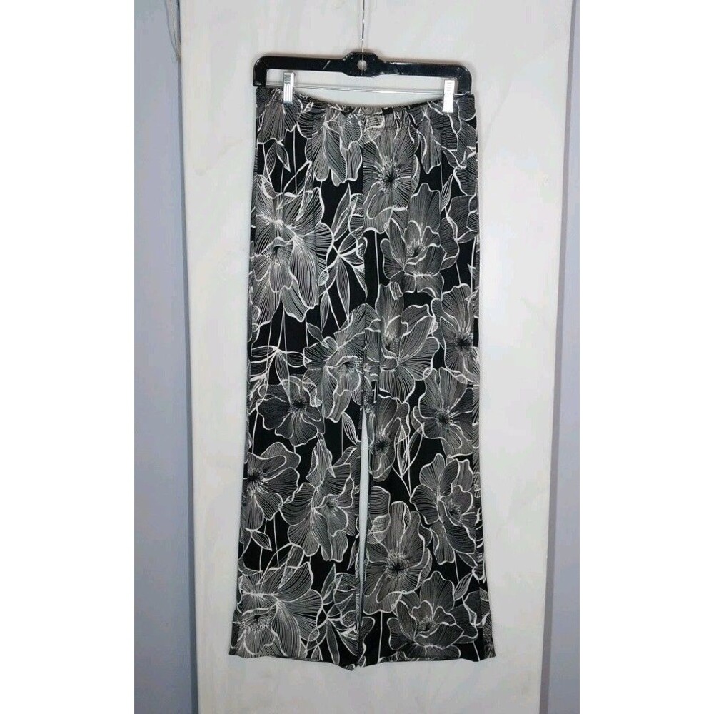 Sunny Leigh Floral Wide Leg Pants M Elastic Waist Black White Stretch Ankle